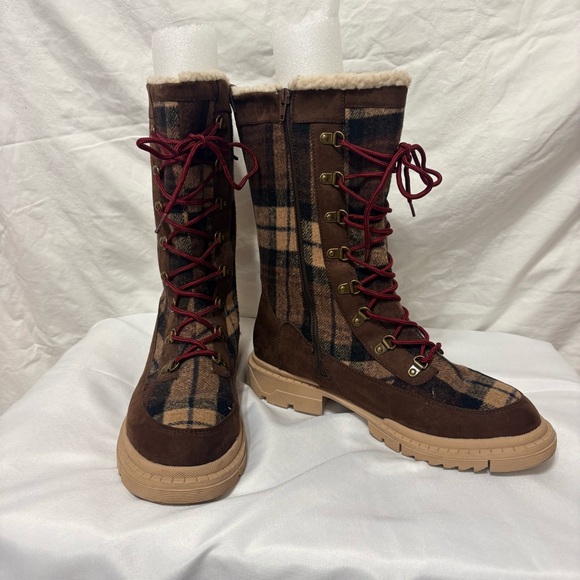 Shoes - Hayleigh Lace-Up Winter Boots in a brown plaid pattern.